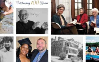 Ten Things You Should Know About Saint Joseph’s 3 A collage of images includes people working outdoors at Saint Joseph’s, a man teaching important things, a women's book club, a black-and-white photo of children, a graduate with a man, an old building, and people kayaking. Saint Joseph's College of Maine
