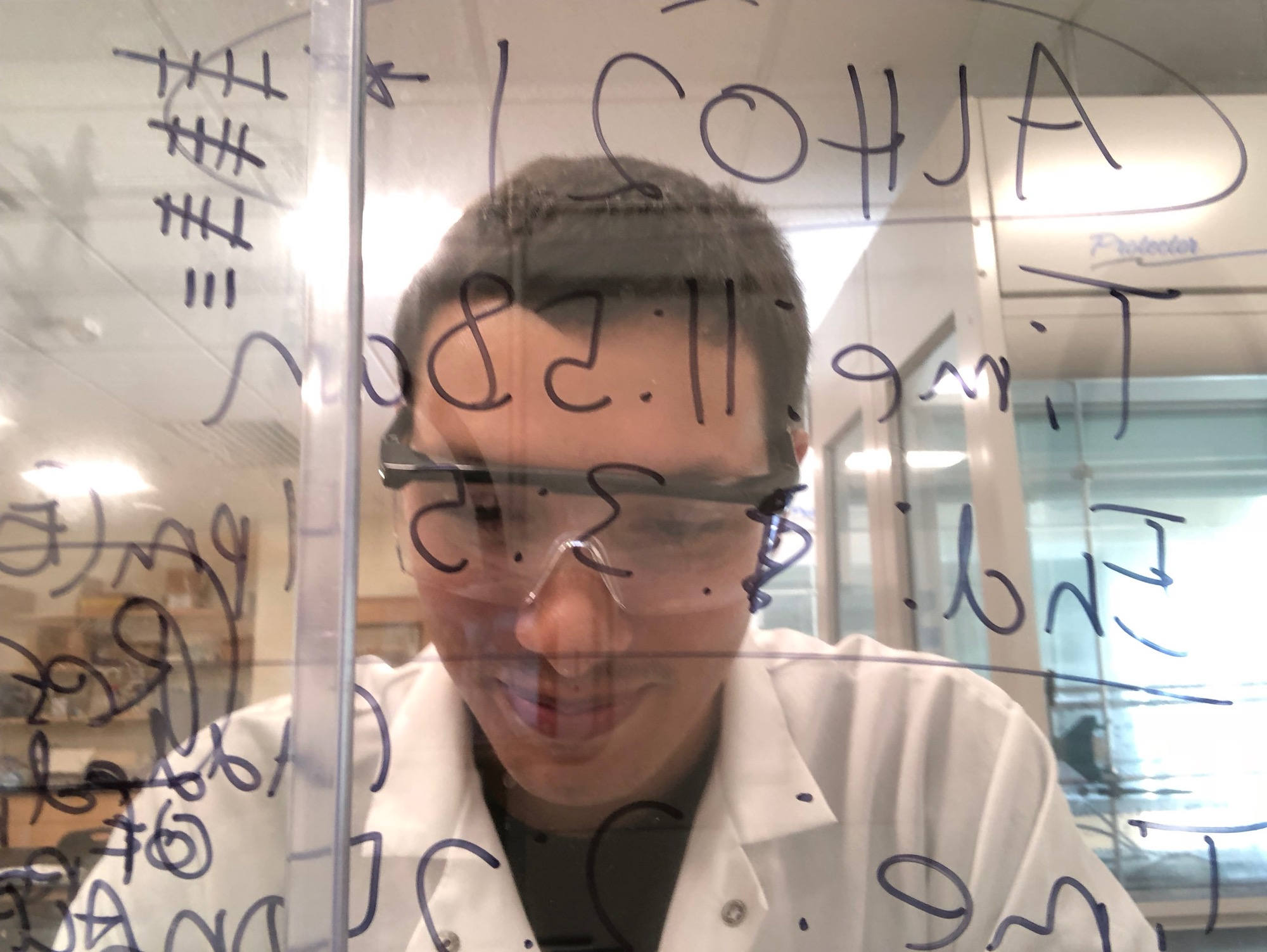 A person wearing glasses and a lab coat is looking intently through a glass board covered with various handwritten notes and equations. Saint Joseph's College of Maine