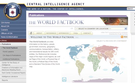 A screenshot of the CIA World Factbook webpage features menu options and a world map. The page includes links to publications, the Factbook, and various CIA resources for those searching for accuracy beyond Google. Saint Joseph's College of Maine