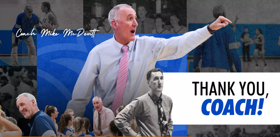 A collage features Coach Mike McDevitt, a true Monks Mentor, coaching and interacting with players, with text reading Thank you, Coach! in bold letters. Saint Joseph's College of Maine
