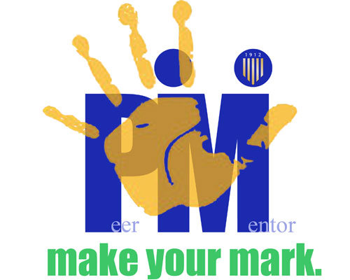 Logo featuring a blue "PM" with a yellow handprint overlaying it, accompanied by the text "make your mark" in green at the bottom. The blue shield with "1912" is above the "M," symbolizing our commitment to peer-to-peer mentoring and growth. Saint Joseph's College of Maine