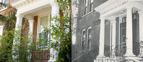 Split image: Left side shows a modern view of the entrance to a brick building with white columns; right side displays a historical black-and-white photo labeled “College of Our Lady of Mercy," offering an old-school glimpse into its storied past. Saint Joseph's College of Maine
