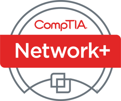 CompTIA Network+ certification badge featuring the words “CompTIA” and “Network+” in red and white with a circular design and two overlapping squares at the bottom. Saint Joseph's College of Maine
