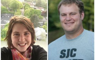 Kaitlyn Cunningham Morse '09, Jeff Yaeger '04, And Mary Campbell ’85 Join The Sjc Alumni Board 9 A woman with short hair wearing a scarf, Kaitlyn Cunningham Morse, smiles in a selfie on the left, while Jeff Yaeger, wearing a gray "SJC Soccer" shirt, smiles outdoors on the right. Saint Joseph's College of Maine