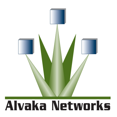 Logo of Alvaka Networks featuring three green, pointed shapes resembling leaves and three blue cubes above them, with the company name in text below. This corporate design symbolizes their commitment to innovation and excellence in partnership with SJC. Saint Joseph's College of Maine