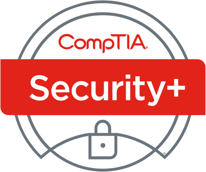 CompTIA Security+ logo featuring the text Security+ in white on a red bar, with a stylized lock icon below. Saint Joseph's College of Maine