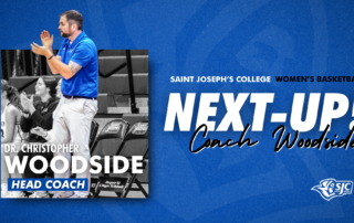 Monks Tab Woodside As Women’s Hoops Coach 8 Dr. Christopher Woodside, new women’s hoops coach of the Monks, stands and claps on the sidelines. Text reads “NEXT-UP! Coach Woodside.”. Saint Joseph's College of Maine