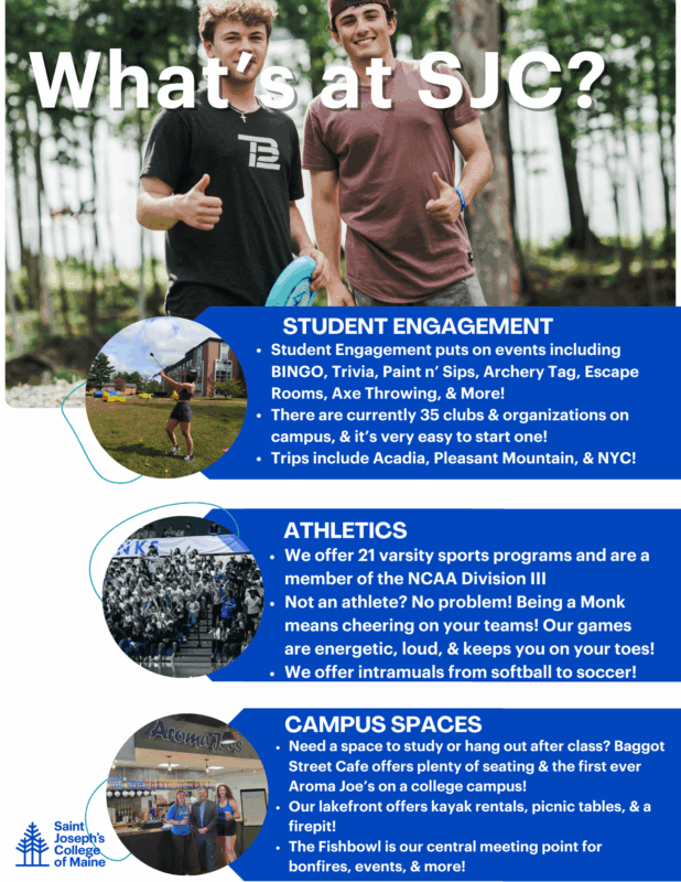 Three students standing outside smiling, holding up horns hand signs during Move In Weekend. Text highlights student engagement, athletics, and vibrant campus spaces at Saint Josephs College of Maine. Saint Joseph's College of Maine