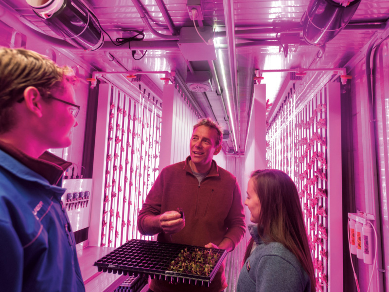 Rising To The Challenge 1 Professor Mark Green converses with students inside a bright pink shipping container.
