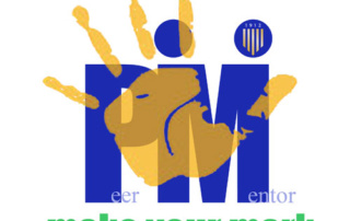 Peer-To-Peer Mentoring 6 Logo featuring a blue "PM" with a yellow handprint overlaying it, accompanied by the text "make your mark" in green at the bottom. The blue shield with "1912" is above the "M," symbolizing our commitment to peer-to-peer mentoring and growth. Saint Joseph's College of Maine