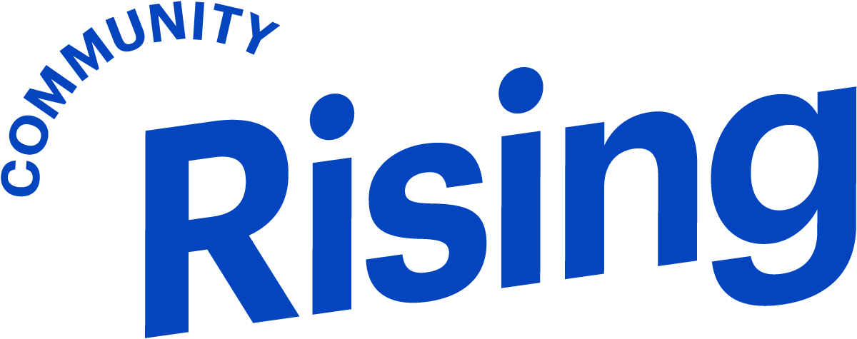 Blue text logo displaying the words "Community Rising" with "Community" curved over the word "Rising. Saint Joseph's College of Maine