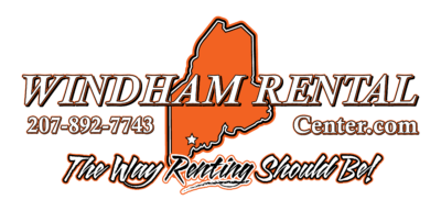 Logo with the text "Windham Rental Center.com" and "207-892-7743" on an orange outline of Maine, and the slogan, "The Way Renting Should Be!. Saint Joseph's College of Maine