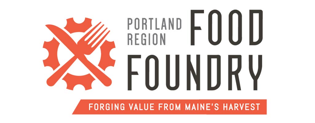 portland-region-food-foundry Logo of Portland Region Food Foundry featuring a gear with a fork and knife, and the tagline "Forging Value from Maine's Harvest." Proudly partnered with the Institute for Local Food Systems Innovation. Saint Joseph's College of Maine